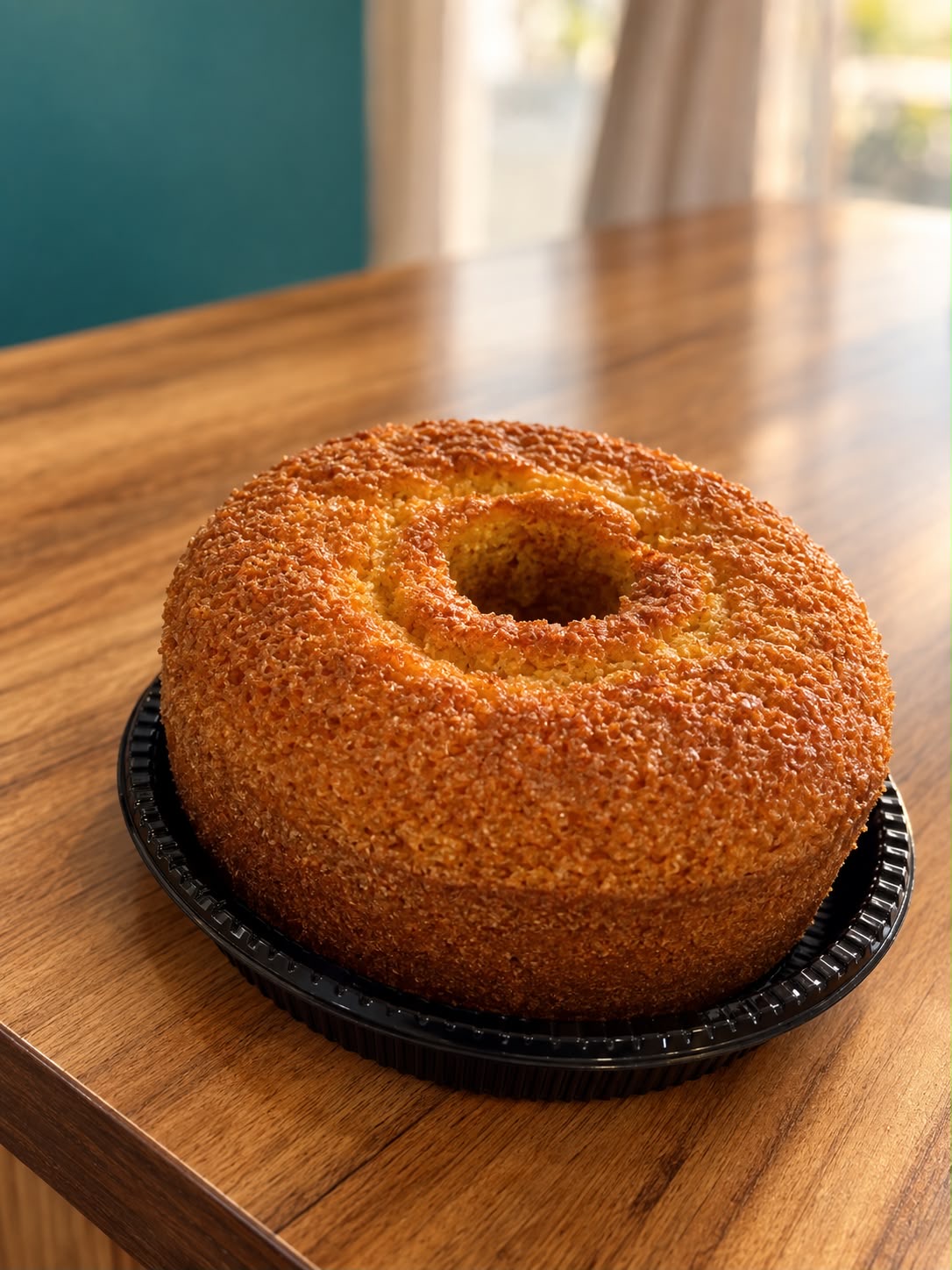 Bolo dourado em formato de rosca sobre uma mesa de madeira